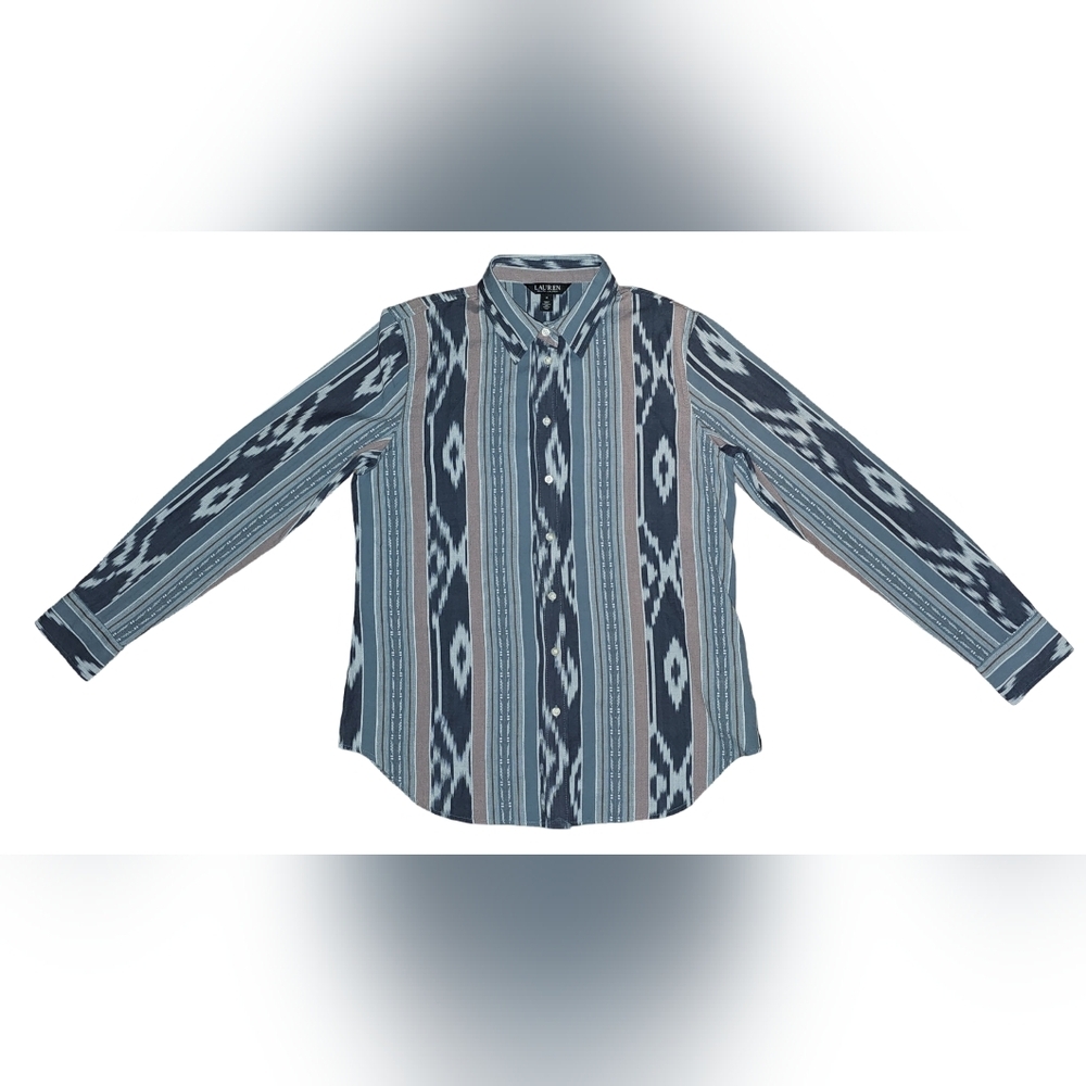 Lauren Ralph Lauren Ikat Stripe Button Down Shirt Southwestern Boho Cotton Sz M - Picture 9 of 16